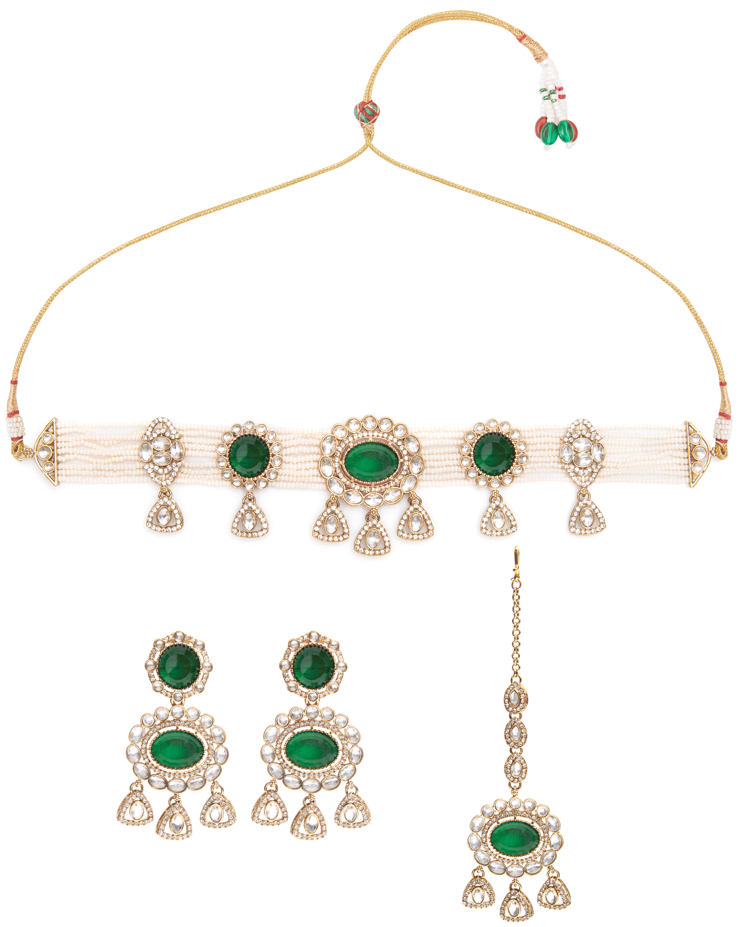 Green Suhen Premium Polki Dupe Choker Necklace With Earring & Teeka