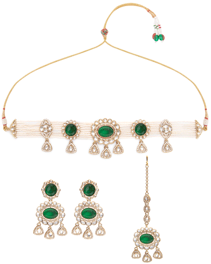 Green Suhen Premium Polki Dupe Choker Necklace With Earring & Teeka