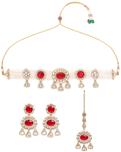 Red Suhen Premium Polki Dupe Choker Necklace With Earring & Teeka