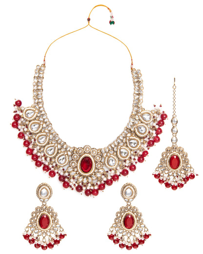 Red Kavisha Premium Polki Dupe Necklace Set with Earring and Teeka