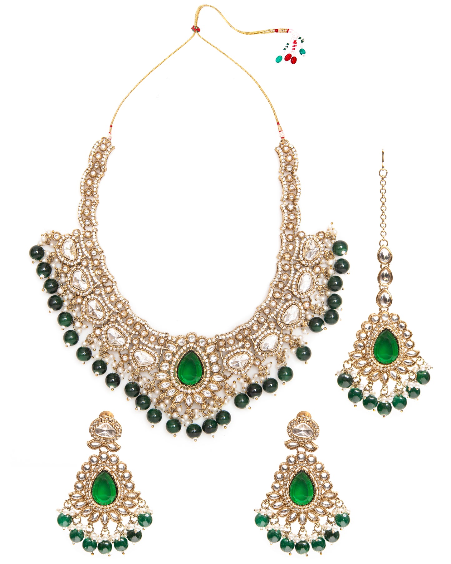 Green Savira Premium Polki Dupe Necklace with Earring and Teeka