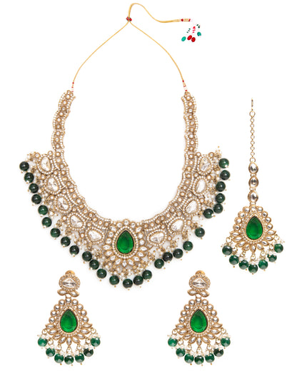 Green Savira Premium Polki Dupe Necklace with Earring and Teeka