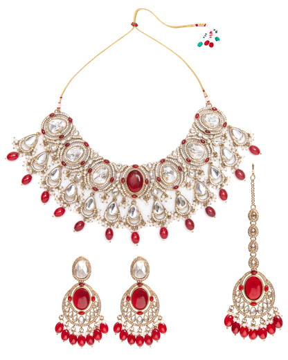 Red Naadiya Premium Polki Dupe Necklace with Earring and Teeka