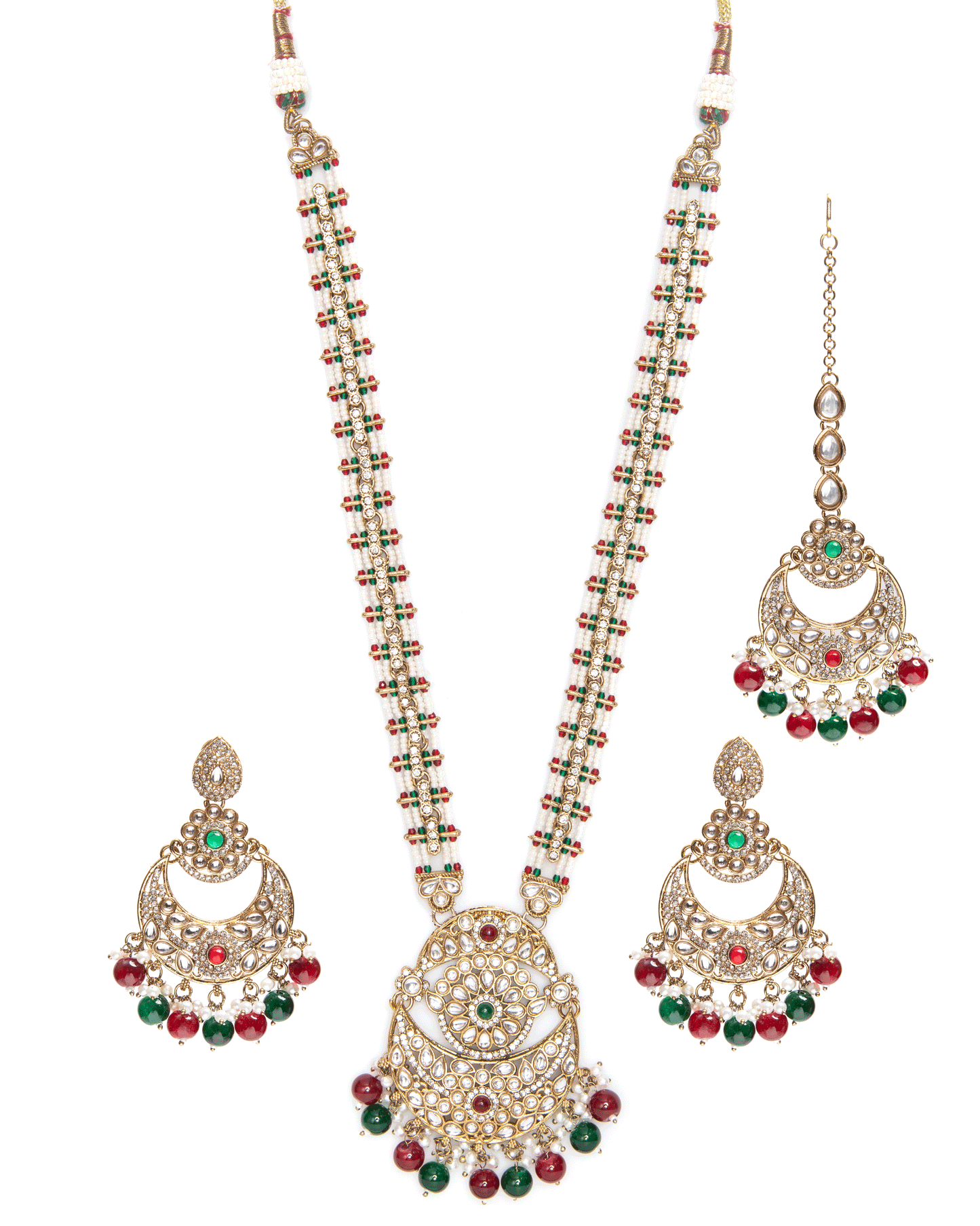 Red Green Travini Premium Long Necklace With Earring & Teeka