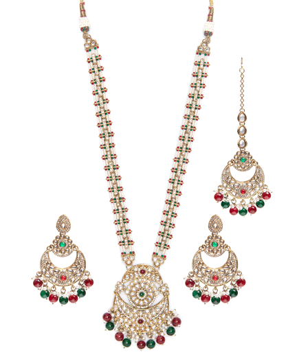 Red Green Travini Premium Long Necklace With Earring & Teeka