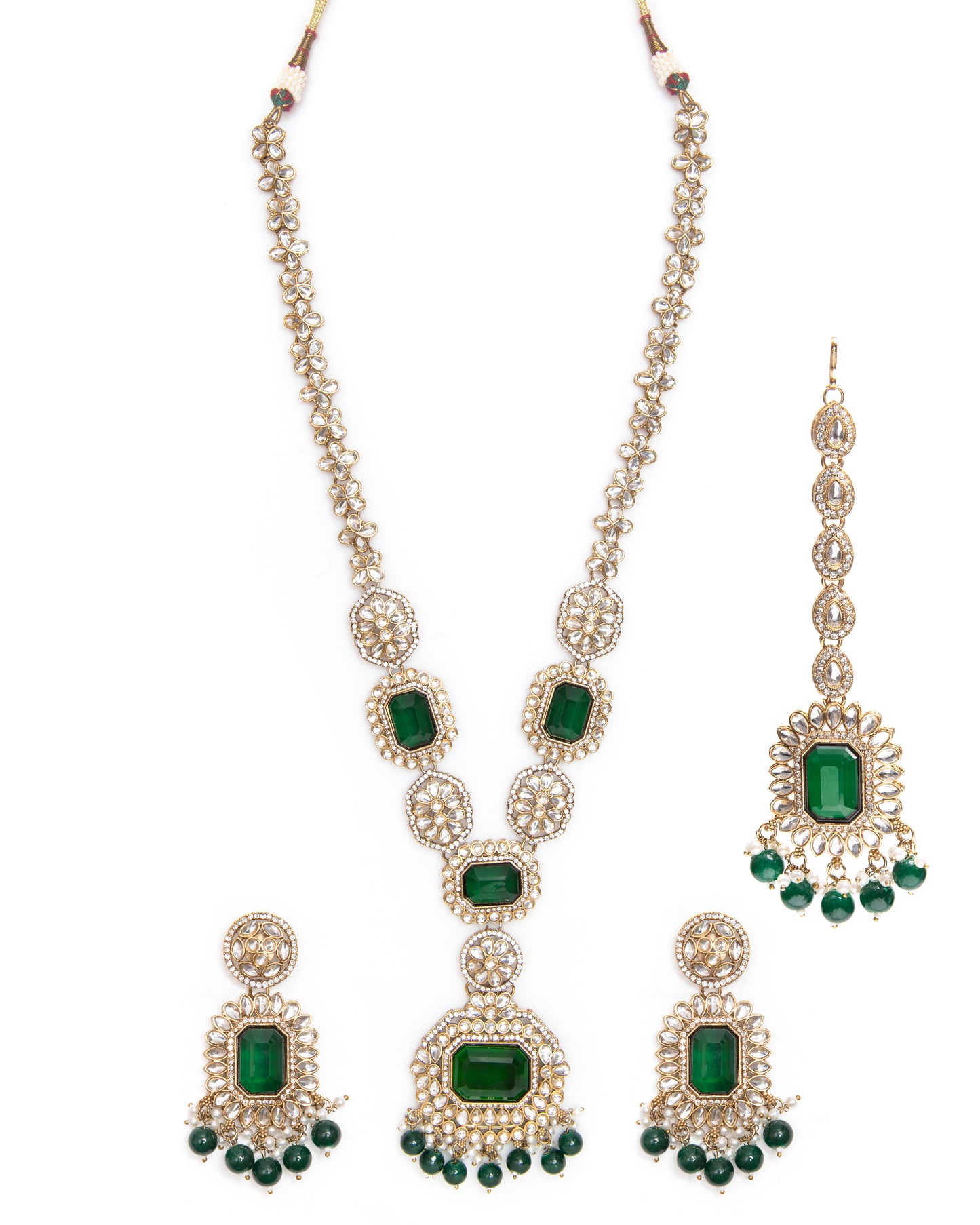 Green Naavir Premium Polki Dupe Long Necklace with Earring and Teeka