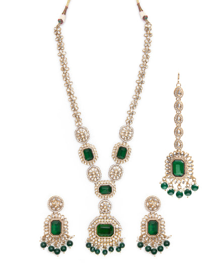 Green Naavir Premium Polki Dupe Long Necklace with Earring and Teeka