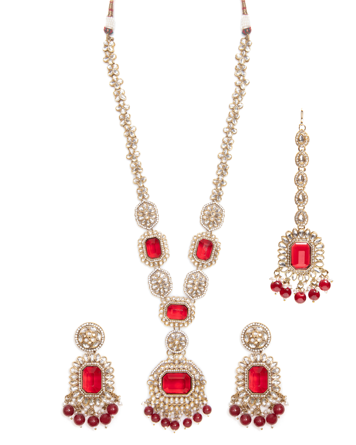 Red Naavir Premium Polki Dupe Long Necklace with Earring and Teeka