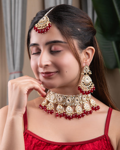 Red Devika Kundan Necklace Set with Chandbali Earring and Mangteeka