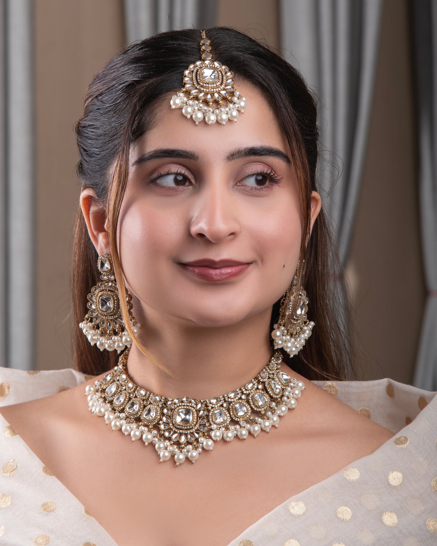 Jasraj Premium Zircone Polki Dupe Pearl Necklace with Earring and Teeka