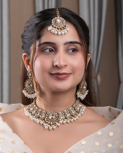 Jasraj Premium Zircone Polki Dupe Pearl Necklace with Earring and Teeka