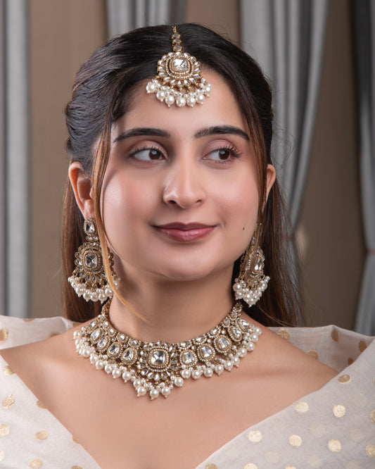Jasraj Premium Zircone Polki Dupe Pearl Necklace with Earring and Teeka