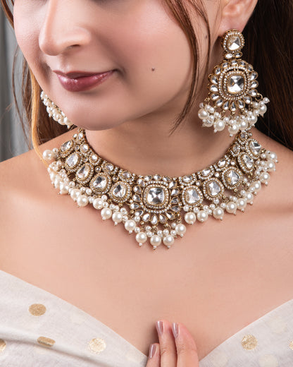 Jasraj Premium Zircone Polki Dupe Pearl Necklace with Earring and Teeka