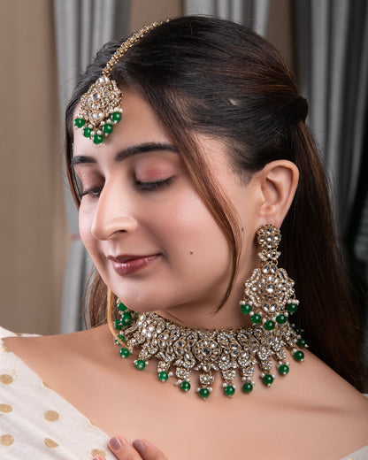 Green Shravya Premium Polki Dupe Necklace with Earring and Teeka