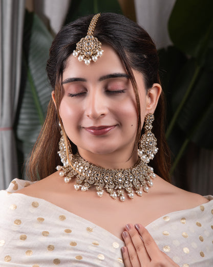 Pearl Shravya Premium Polki Dupe Necklace with Earring and Teeka