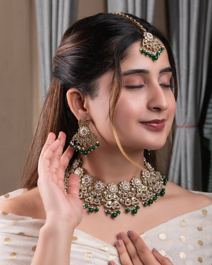 Green Mahvika Premium Necklace with Earring and Teeka