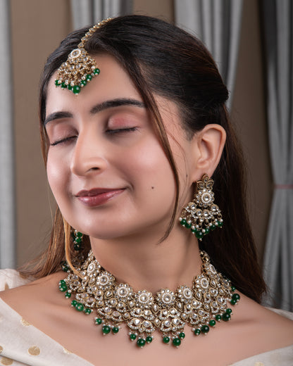 Green Mahvika Premium Necklace with Earring and Teeka