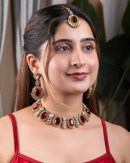 Maroon Taruja Premium Polki Dupe Necklace with Earring and Mangteeka