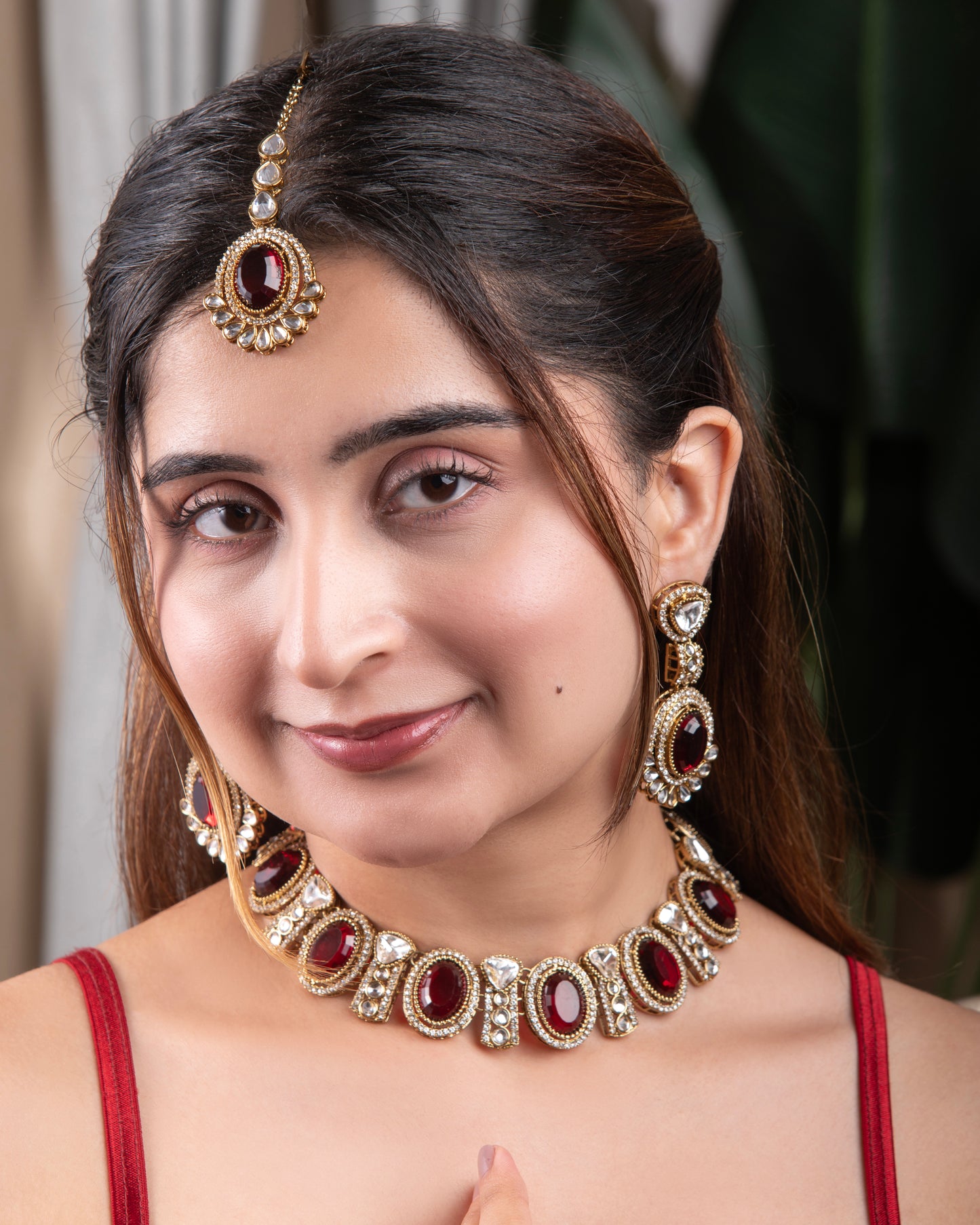 Maroon Taruja Premium Polki Dupe Necklace with Earring and Mangteeka