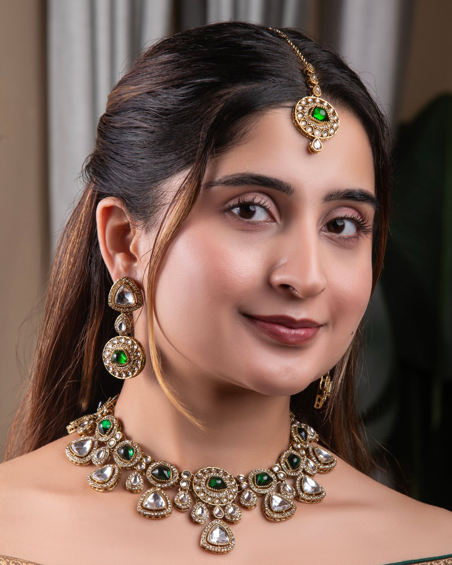 Green Kavita Premium Polki Dupe Necklace with Earring and Teeka