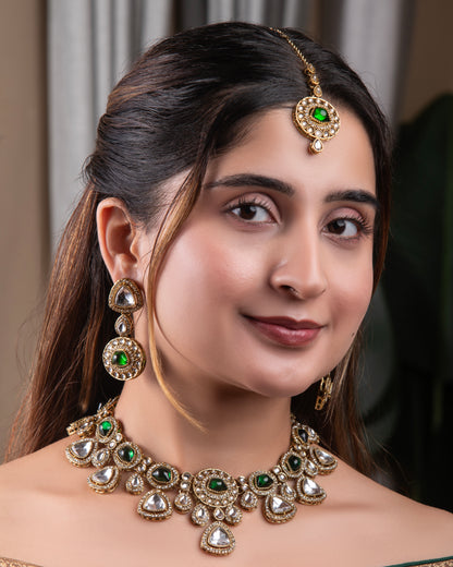 Green Kavita Premium Polki Dupe Necklace with Earring and Teeka