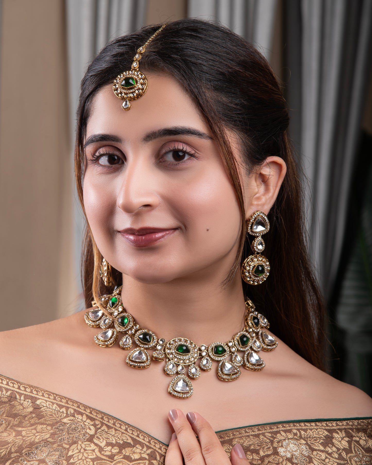Green Kavita Premium Polki Dupe Necklace with Earring and Teeka