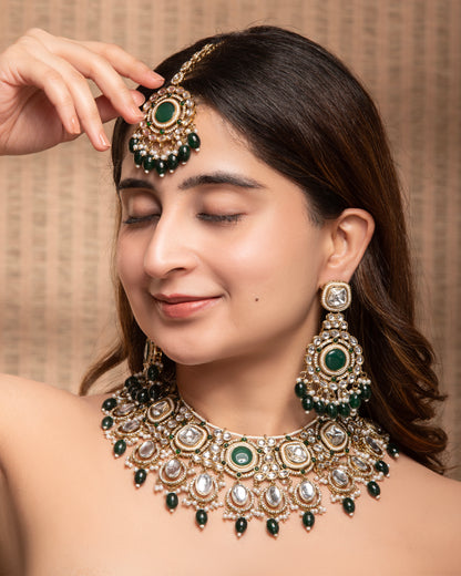 Green Noorpreet Premium Necklace with Earring and Mangteeka