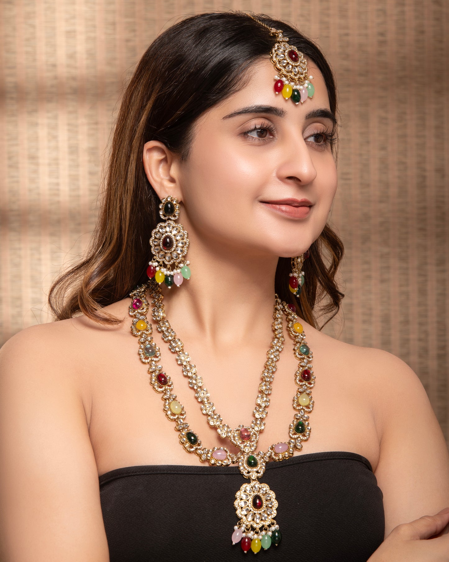 Multi Prabhjot Premium Layer Long Necklace with Earring and Mangteeka