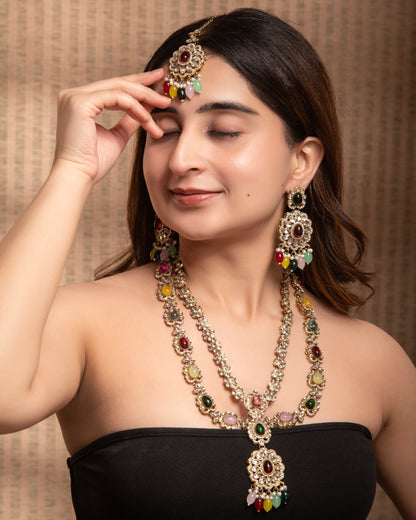 Multi Prabhjot Premium Layer Long Necklace with Earring and Mangteeka