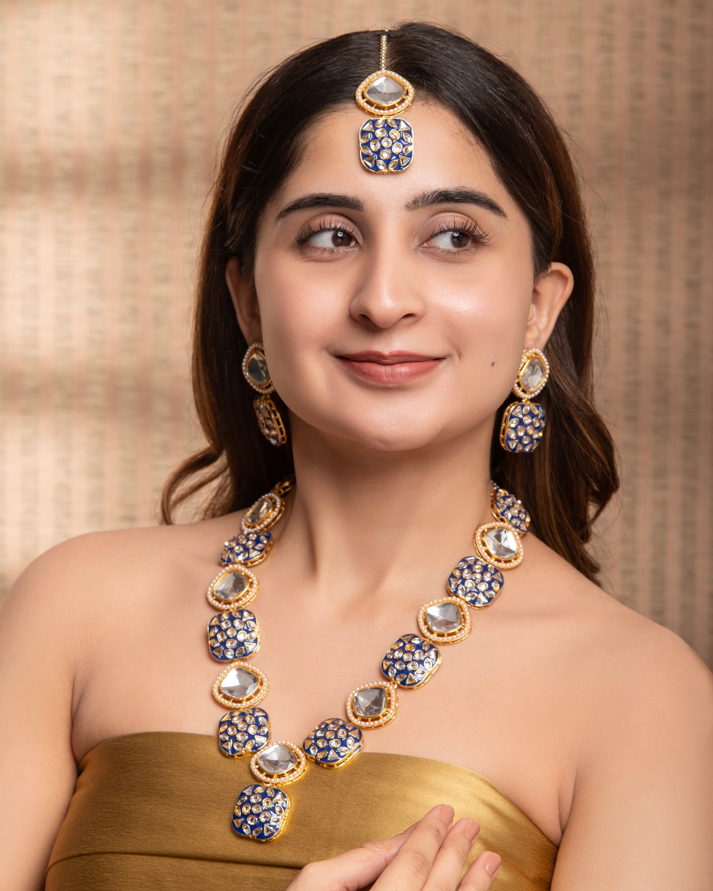 Blue Harleen Meenakari Long Necklace Set with Teeka and Earring