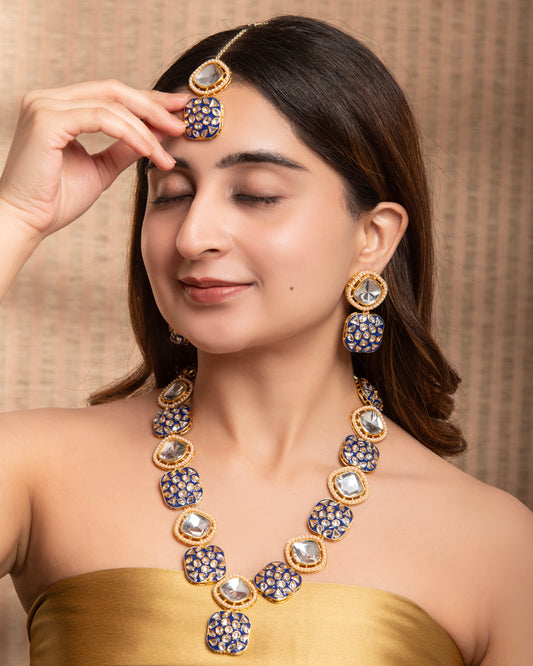 Blue Harleen Meenakari Long Necklace Set with Teeka and Earring