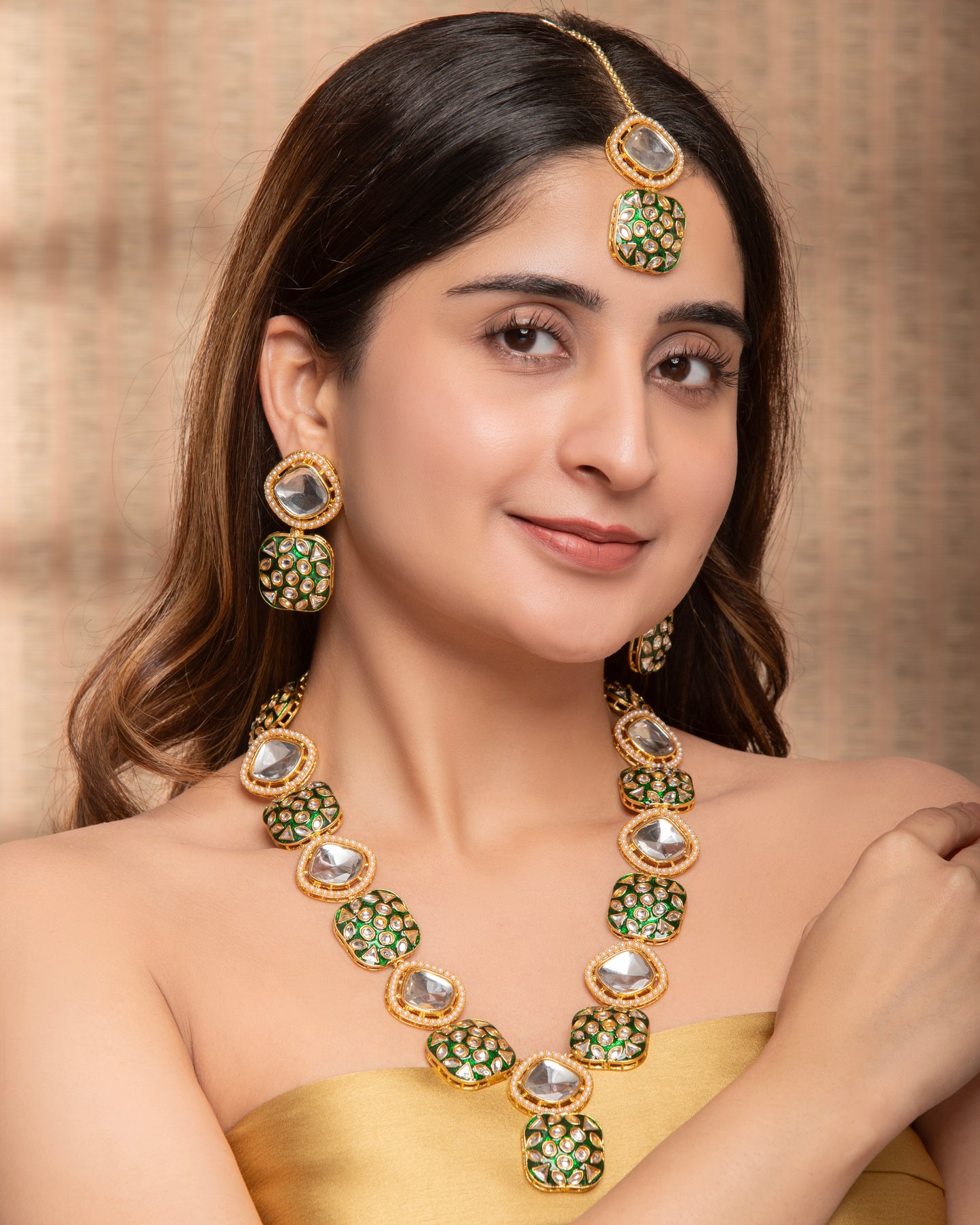 Green Harleen Meenakari Long Necklace Set with Teeka and Earring