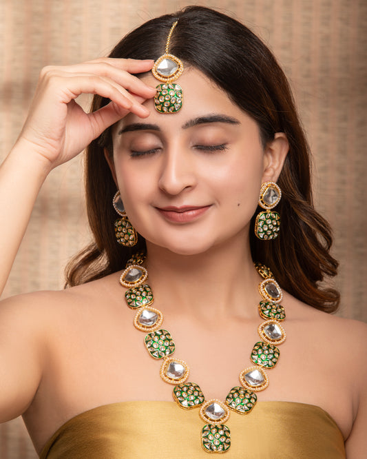Green Harleen Meenakari Long Necklace Set with Teeka and Earring