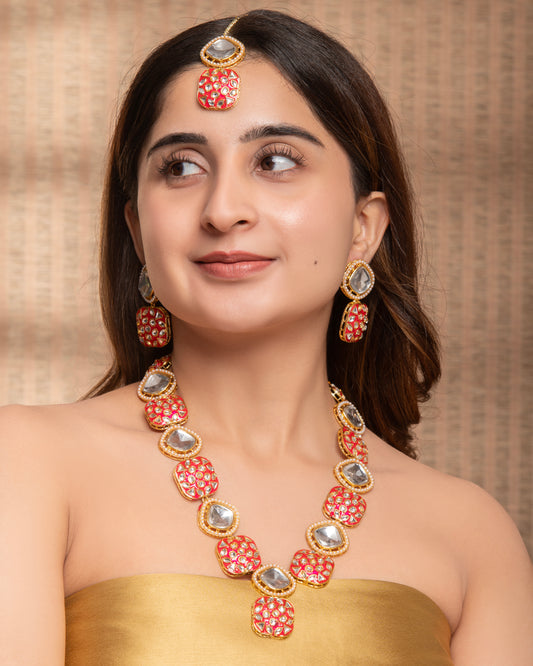 Pink Harleen Meenakari Long Necklace Set with Teeka and Earring