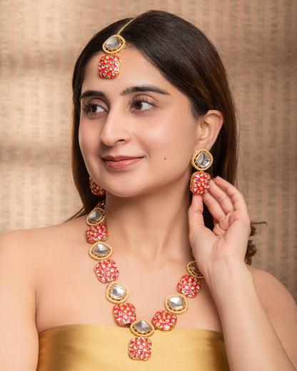 Pink Harleen Meenakari Long Necklace Set with Teeka and Earring