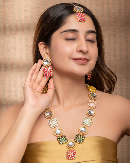 Multi Harleen Meenakari Long Necklace Set with Teeka and Earring