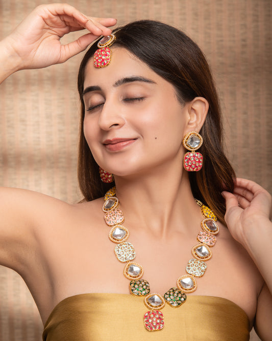 Multi Harleen Meenakari Long Necklace Set with Teeka and Earring