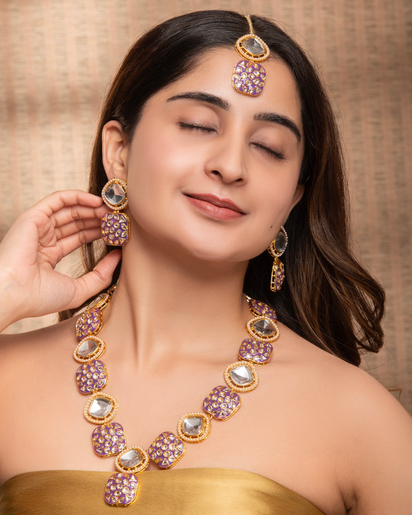 Purple Harleen Meenakari Long Necklace Set with Teeka and Earring