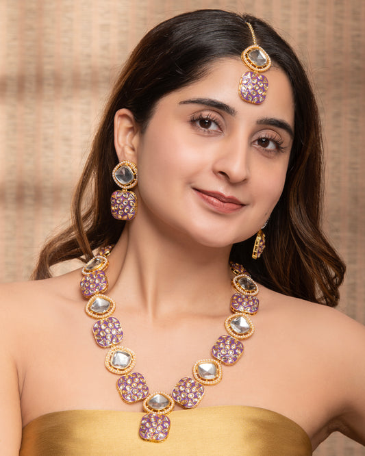 Purple Harleen Meenakari Long Necklace Set with Teeka and Earring