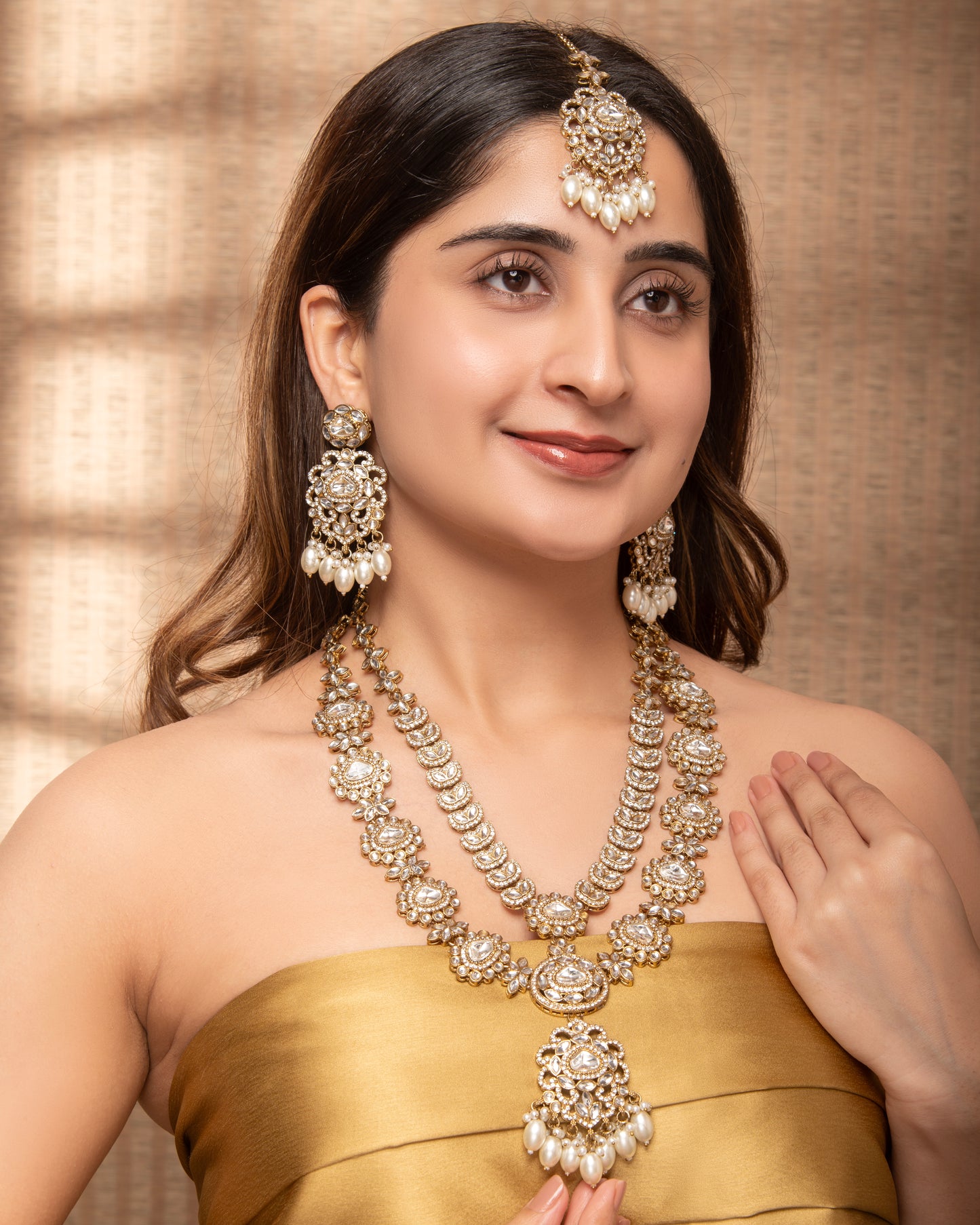 Pearl Jasveer Premium Long Necklace with Earring and Mangteeka