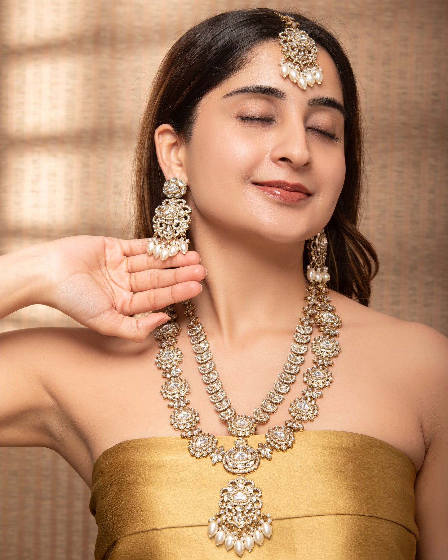 Pearl Jasveer Premium Long Necklace with Earring and Mangteeka