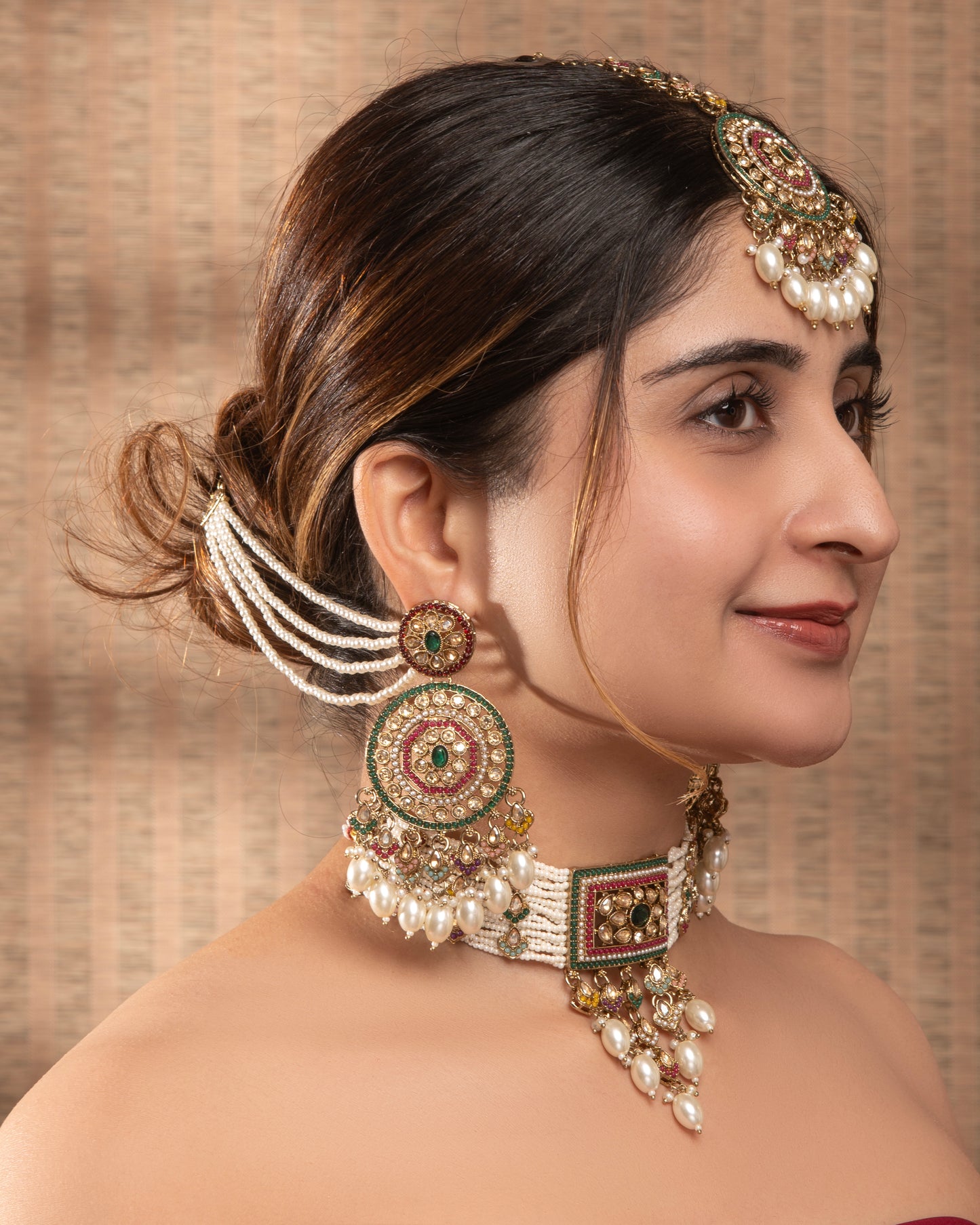 Multi Ruhika Heritage Pearl Choker Necklace Set With Earring & Teeka