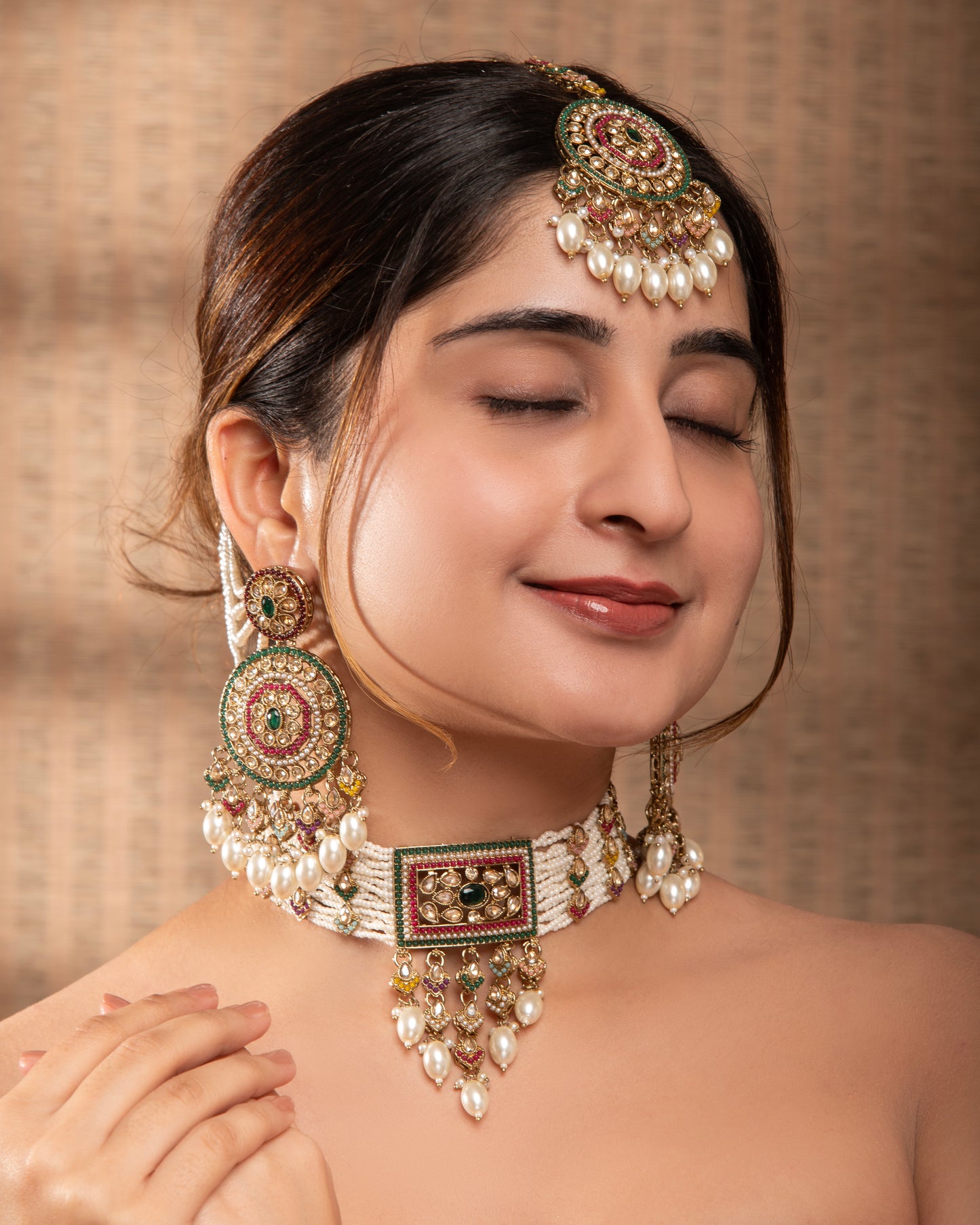 Multi Ruhika Heritage Pearl Choker Necklace Set With Earring & Teeka