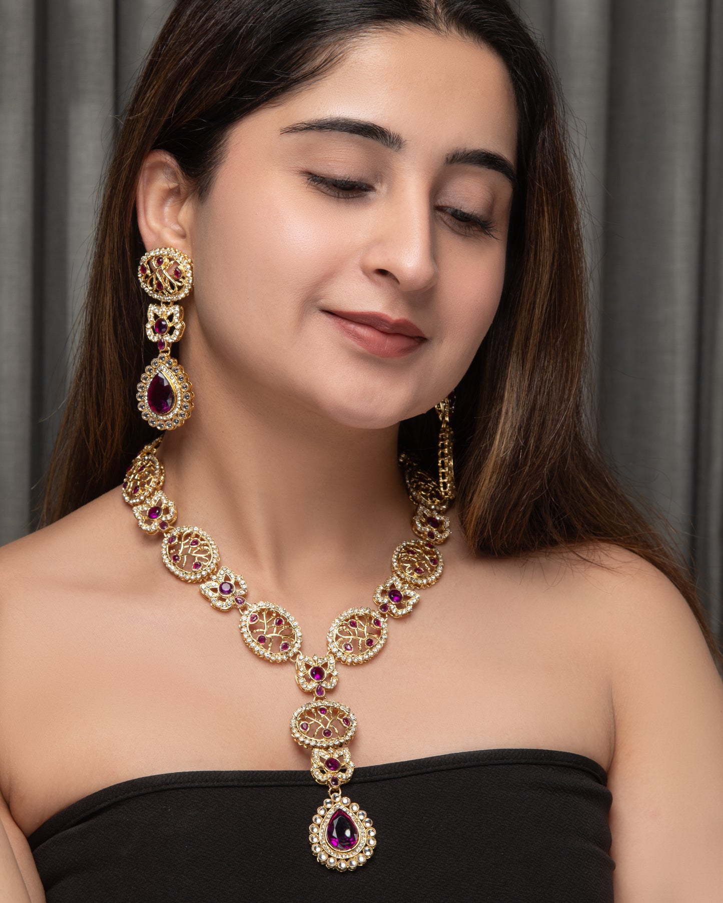 Purple Zivah Long Necklace Set with Earring