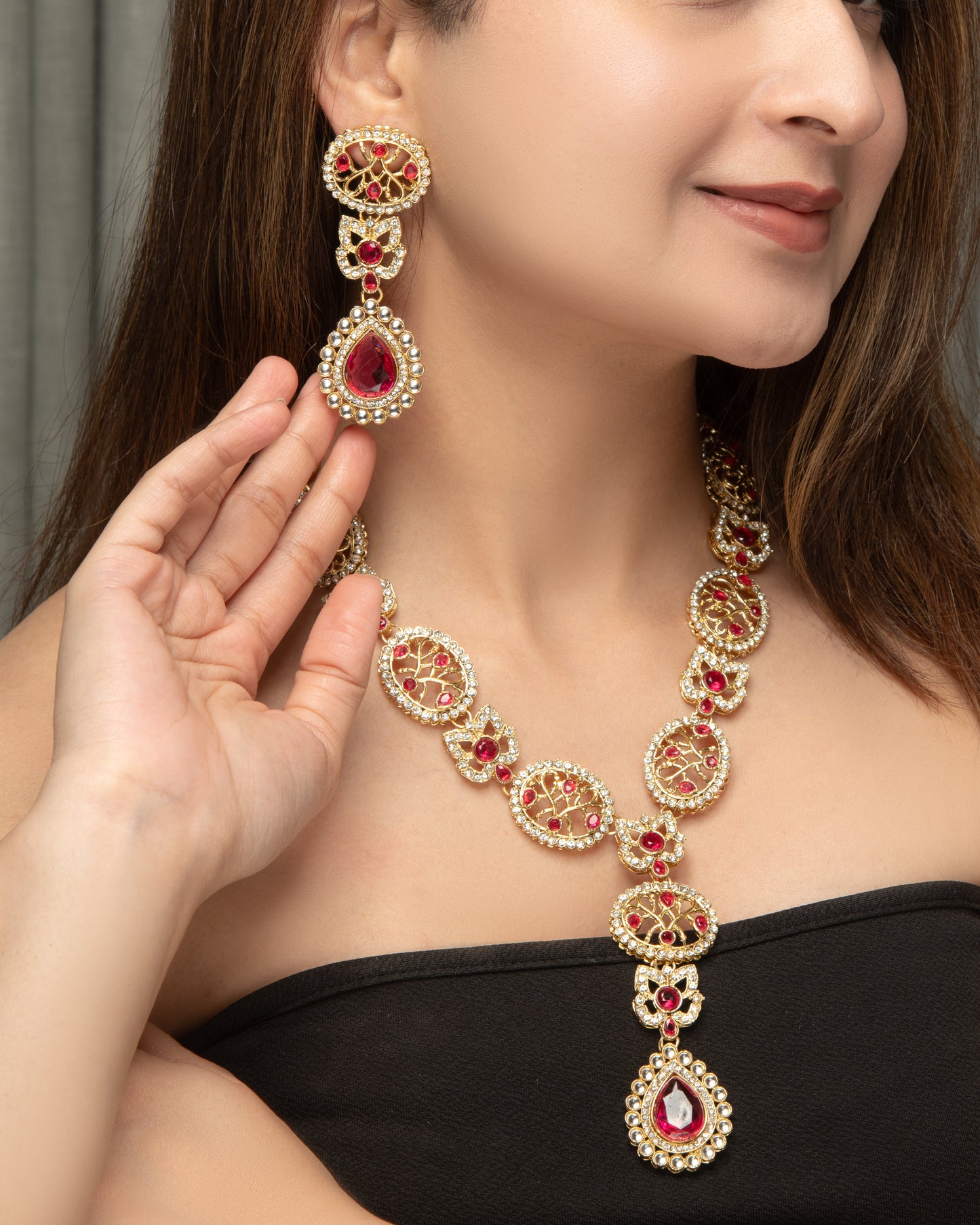 Pink Zivah Long Necklace Set with Earring