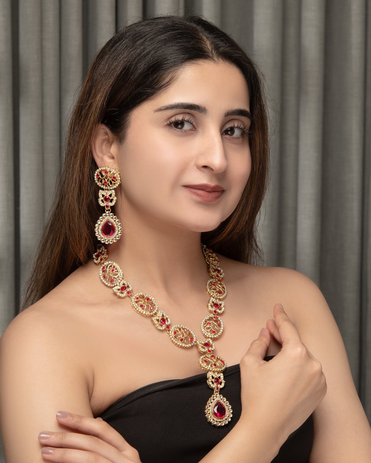 Pink Zivah Long Necklace Set with Earring