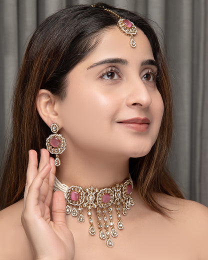 Blush Meher Premium Necklace with Earring and Mangteeka