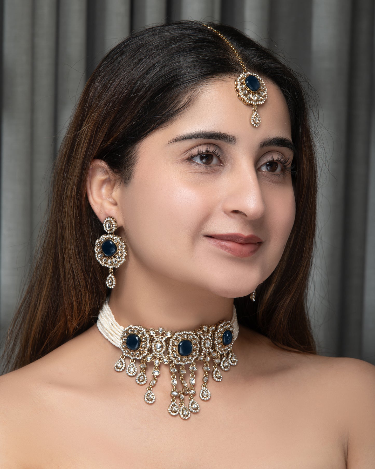 Blue Meher Premium Necklace with Earring and Mangteeka 