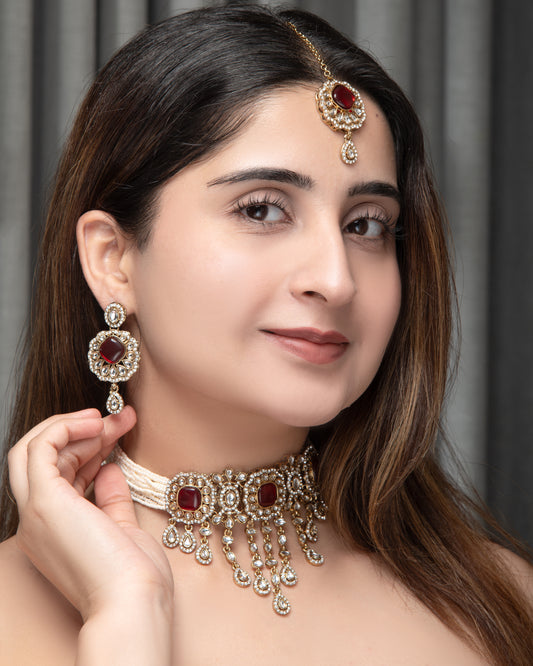Ruby Meher Premium Necklace with Earring and Mangteeka