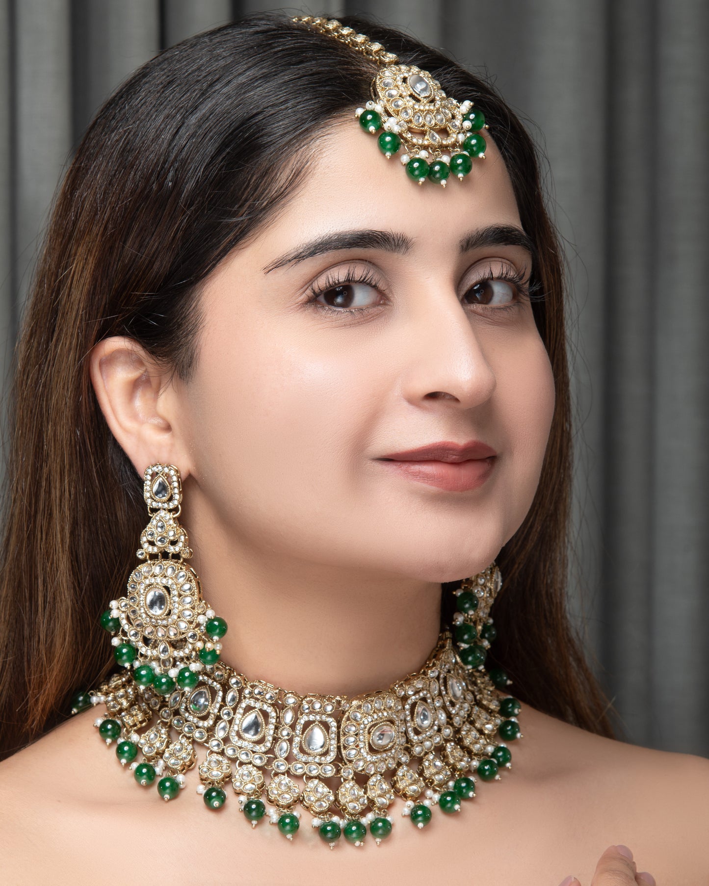 Green Upneet Premium Polki Dupe Necklace with Earring and Teeka